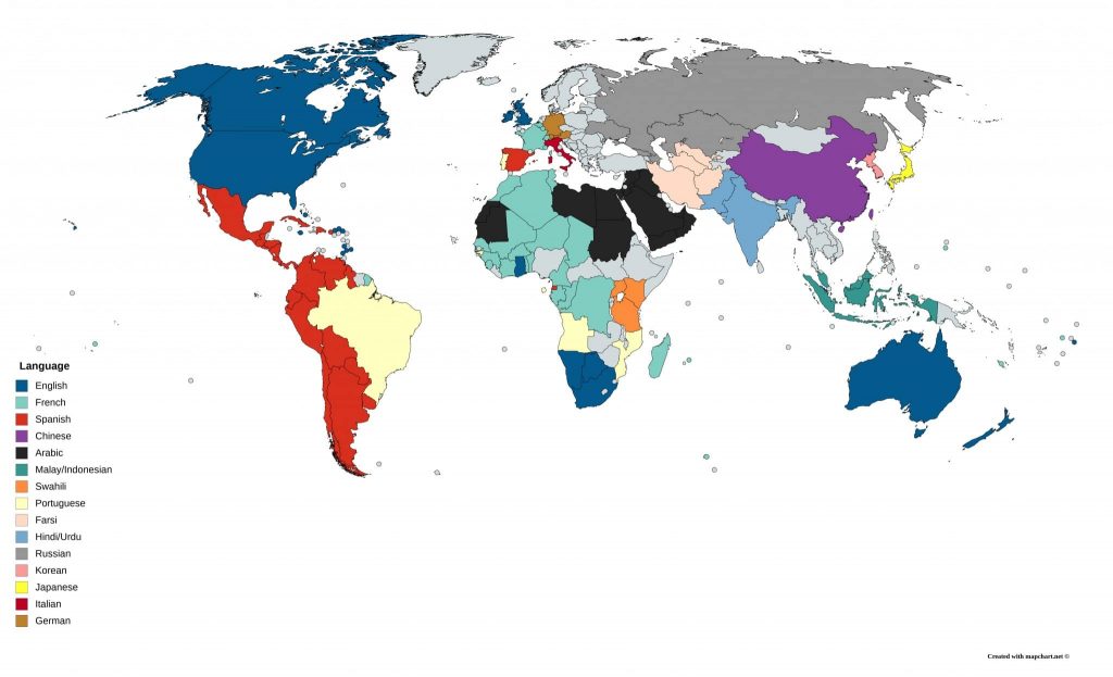 A map of the world with countries coloured depending on the languages we want to learn