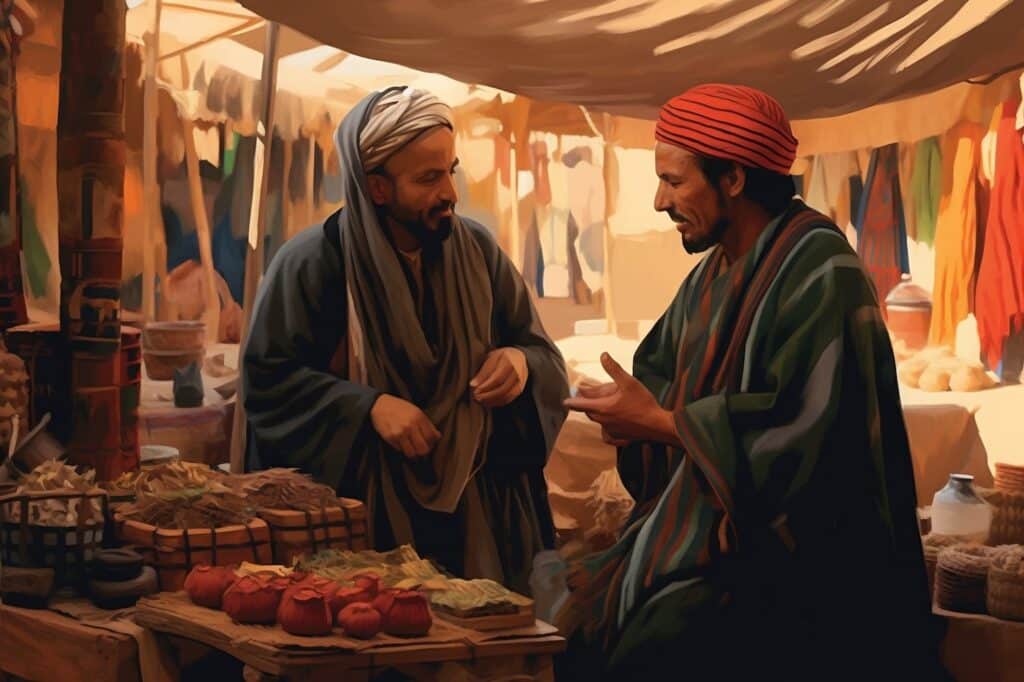 Illustration of two Berber men talking to each other in an open market in North Africa.