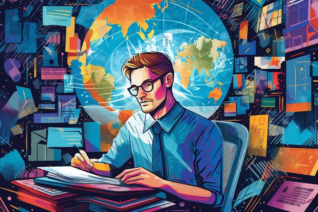 male online language teacher sitting in front of a planet globe