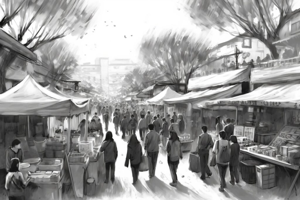 Pencil sketch illustration of Beijing street life