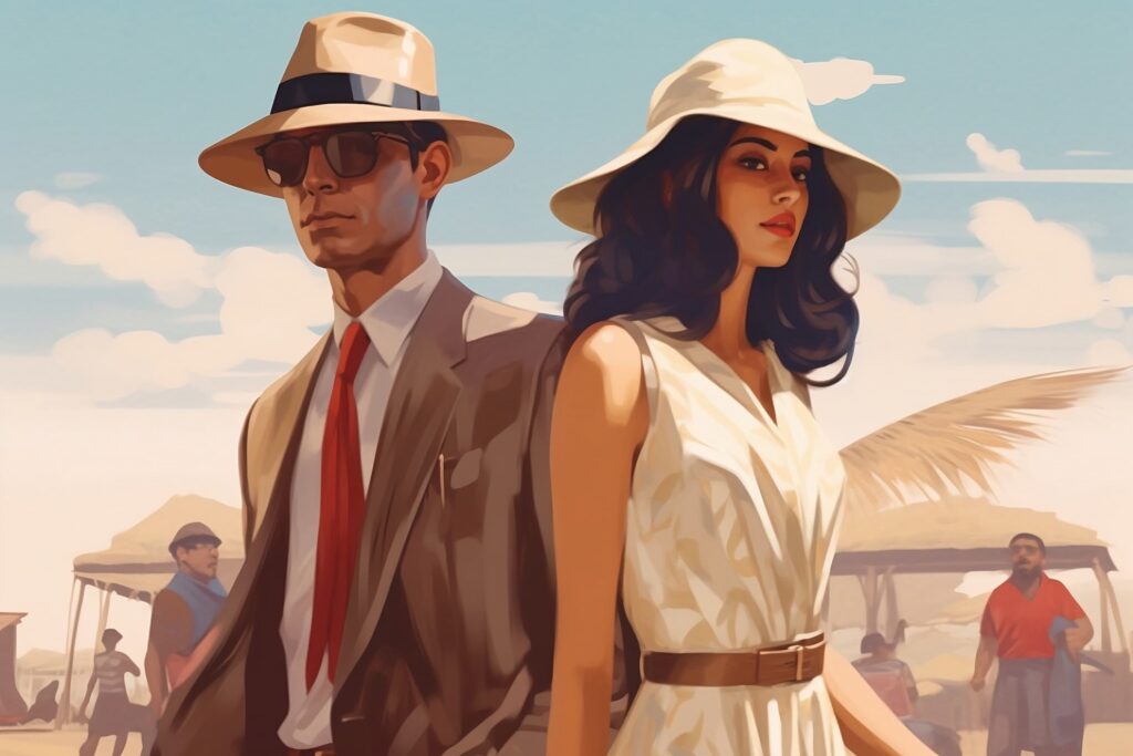 Debonair man and beautiful woman travelling together in north africa illustration