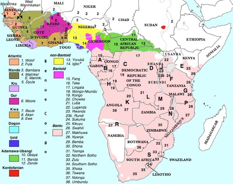 The map of Bantu languages of Africa. Kiswahili (Swahili) is a Bantru language
