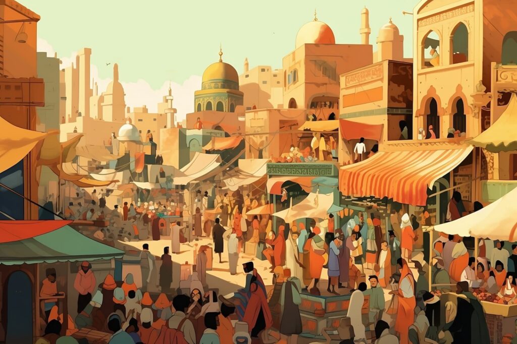 street market scene in cairo illustration