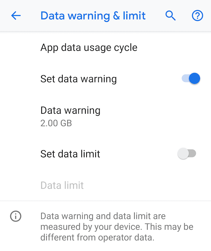Set the data warning, e.g. for a 10GB data bundle, sety our warning for 2GB so you know how fast you use your data