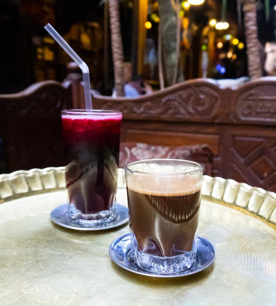 Turkish or Arabic coffee, drunk in egypt. It has some body! In the background: hibiscus tea.