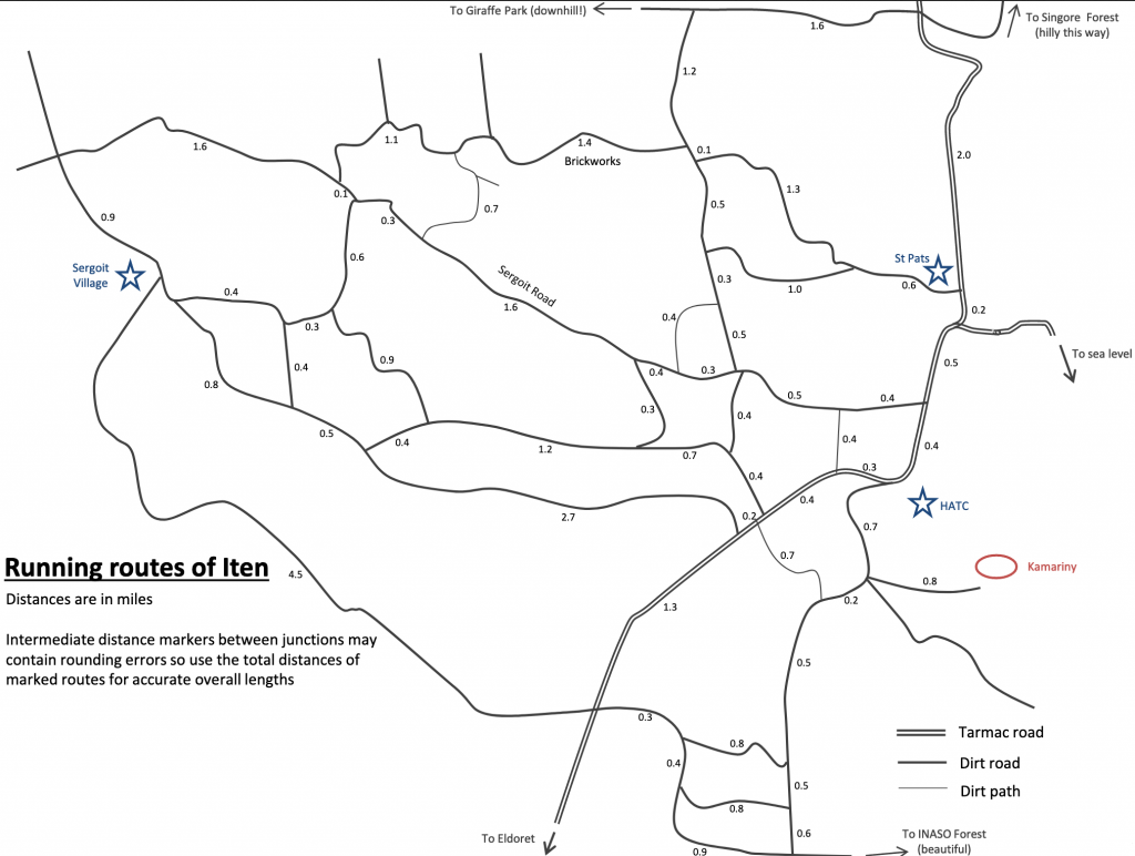 Map of running paths in Iten, Kenya