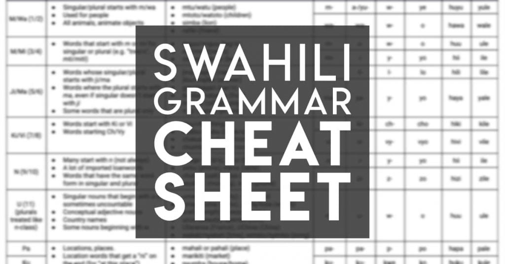 Screenshot of the swahili noun classes cheat sheet