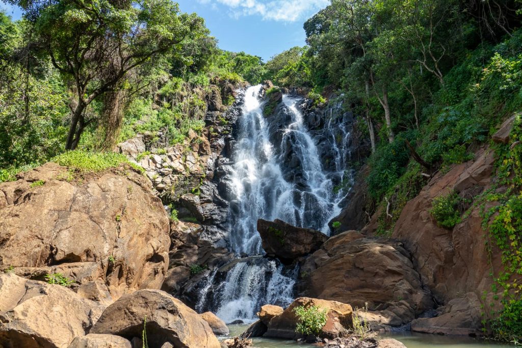 A waterfall in Kenya's countryside, where they also speak Swahili