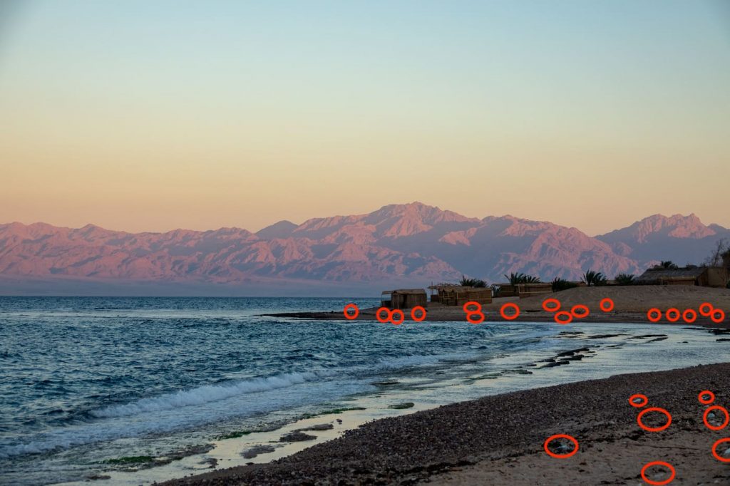 Trash on a beach in Nuweiba. Most of this trash is washed up from ships crossing the Red Sea.