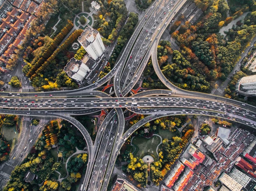 Aerial view of a ring road intersection in Beijing, China. Chinese is one of the hardest languages to learn.