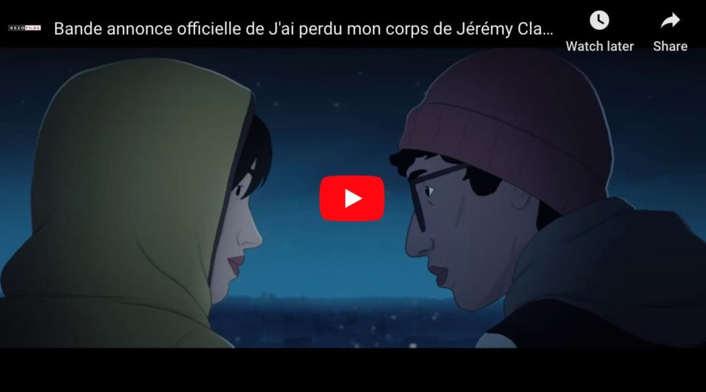 A screen capture from the trailer from french animation film J'ai Perdu Mon Corps (I lost my body), two cartoon guys talking