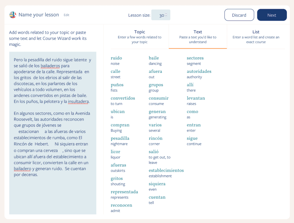 Lingvist feature of adding Spanish words from a block of text to a lesson
