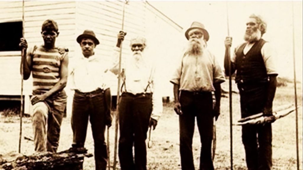 Historic photo of five aboriginal australian men. part of First Australians documentary series