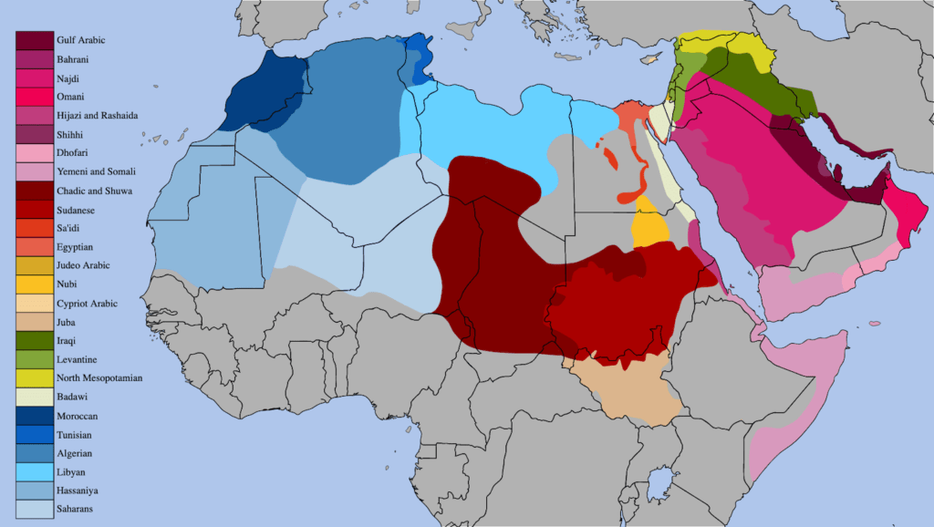 Map of arabic-speaking countries with arabic dialects spoken