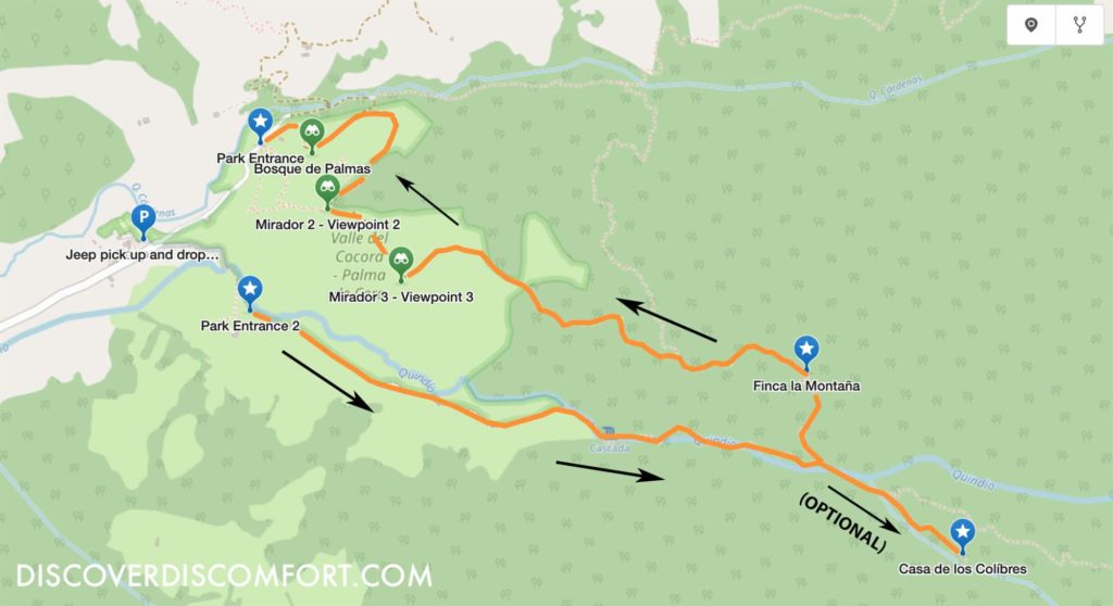 Cocora Valley hike trail map counterclockwise