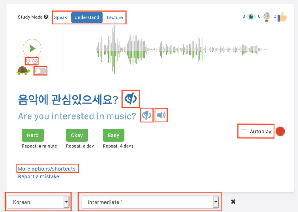 speechling review screenshot - showing all the thinbgs you can customise in speechling