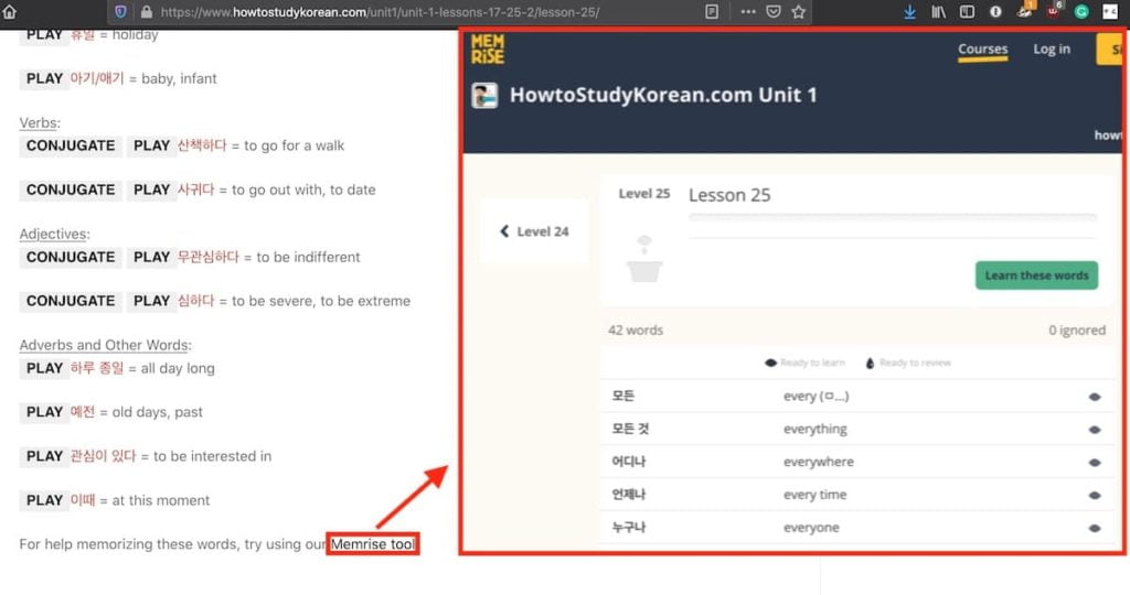 How to study korean link for vocabulary on memrise