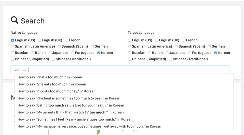 Searching for example sentences in Speechling.