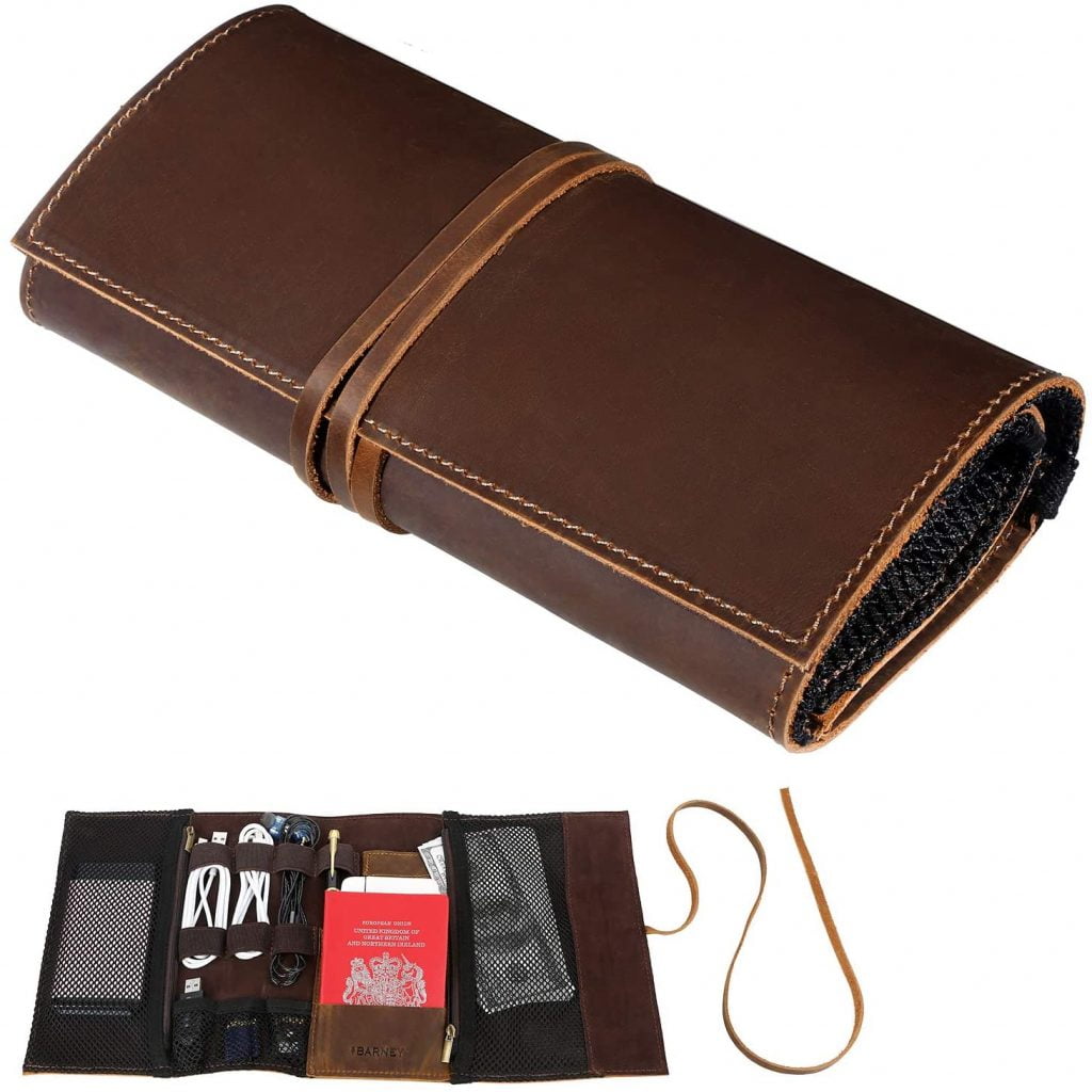 Travel gift ideas - leather roll-up organizer for electronics