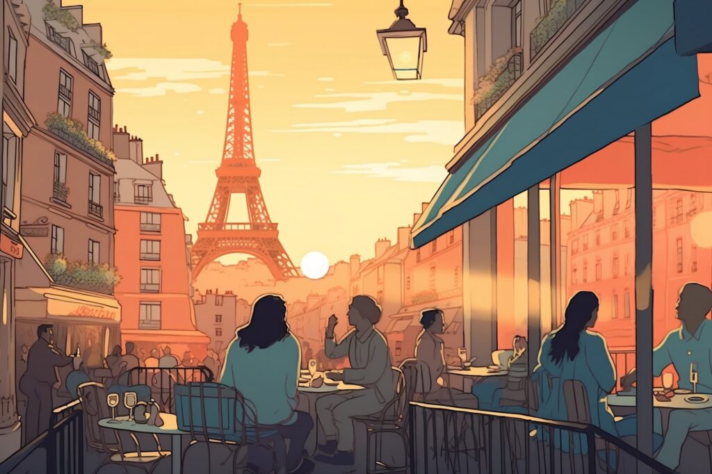 living in parís street cafe scene illustration with Eiffel tower