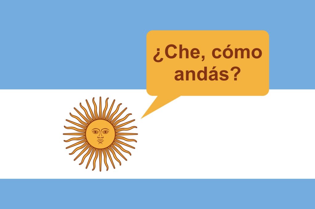 Argentinian Spanish cover image, sun from Argentinian flag saying "che como andas"