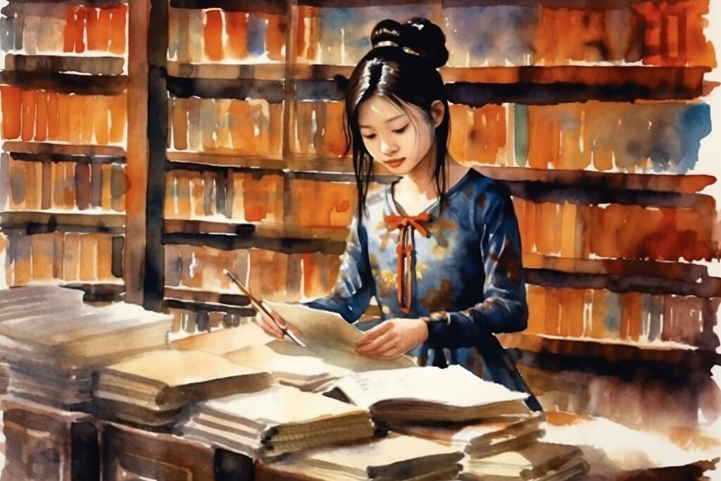 Artwork of Korean girl studying in a library, Chinese style watercolor. For Korean vs Chinese post.