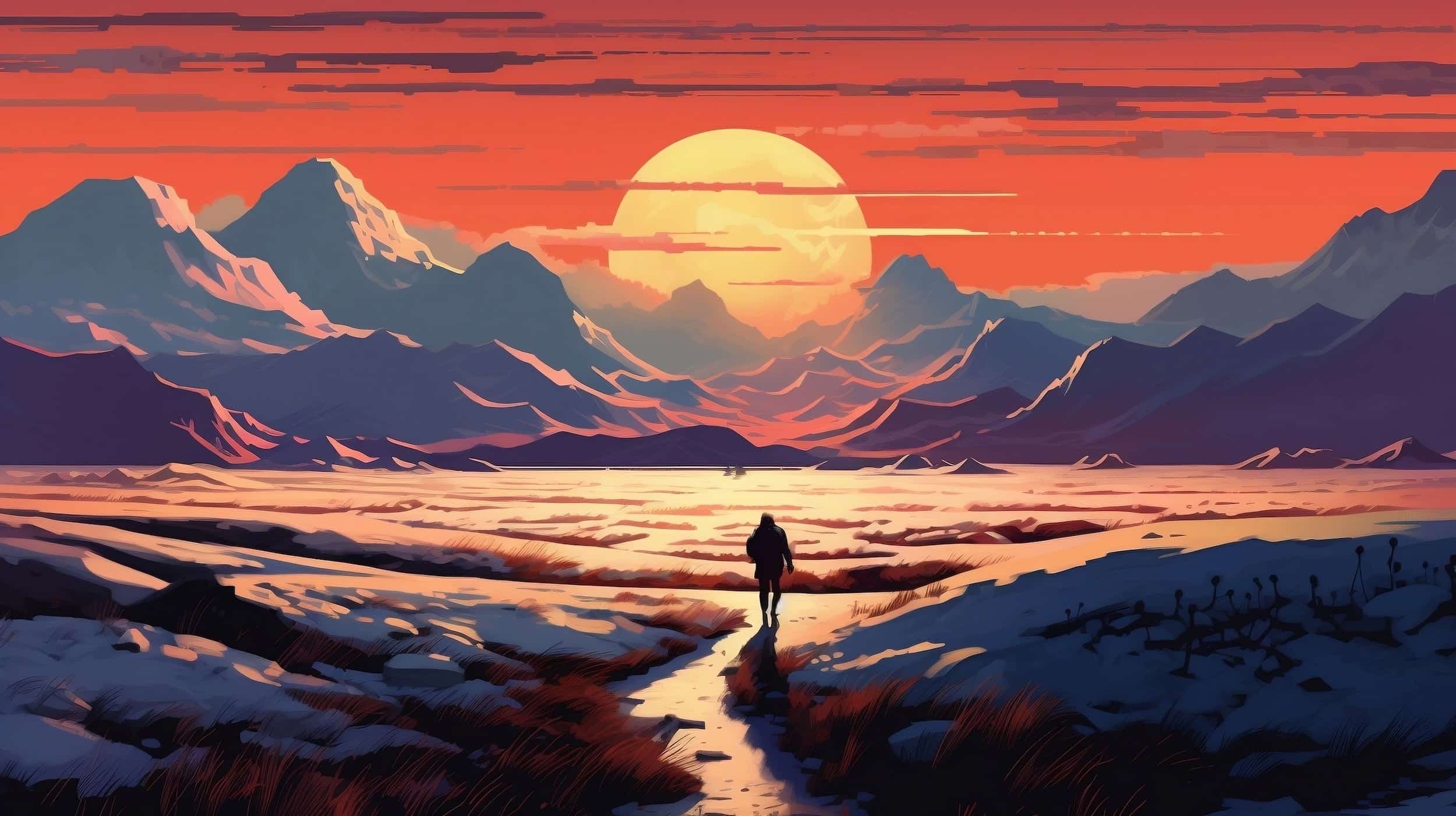 Illustration of person walking through sand dunes into sun setting over snow-capped mountains