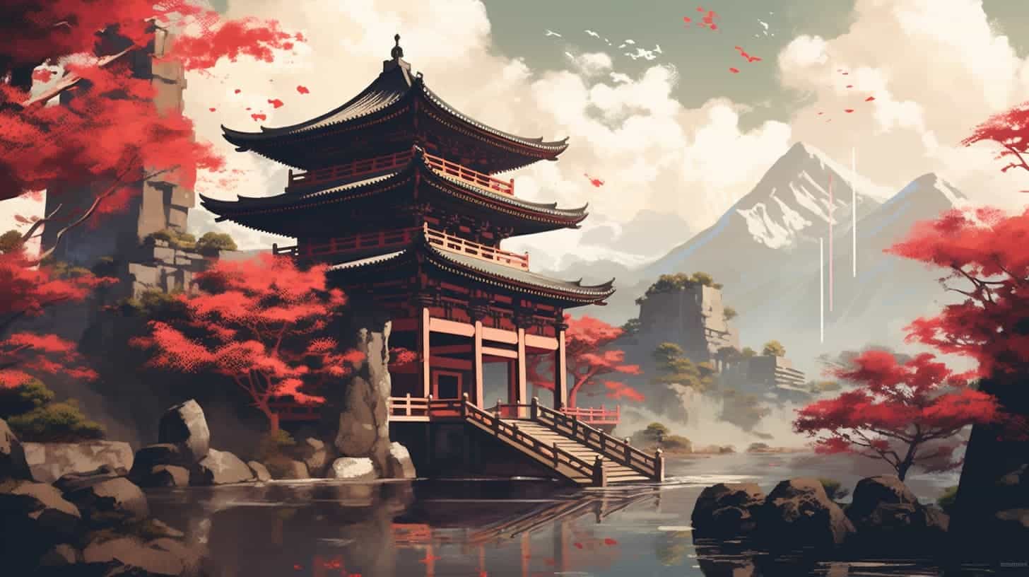 illustration of Japanese-style temple with mountains in the background