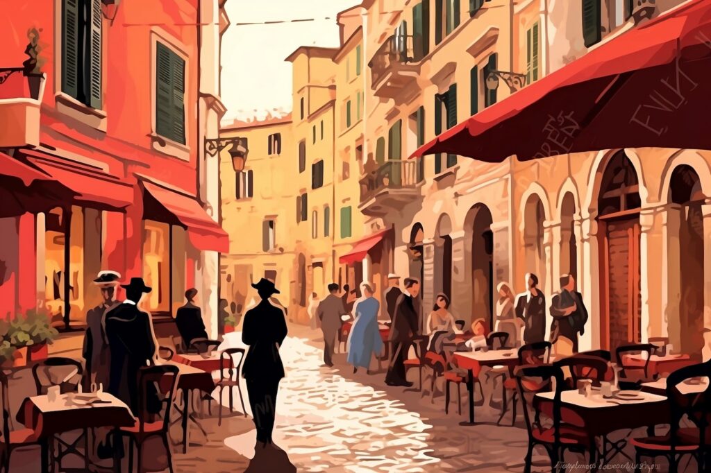Italian small town street scene with cafes and restaurants sm