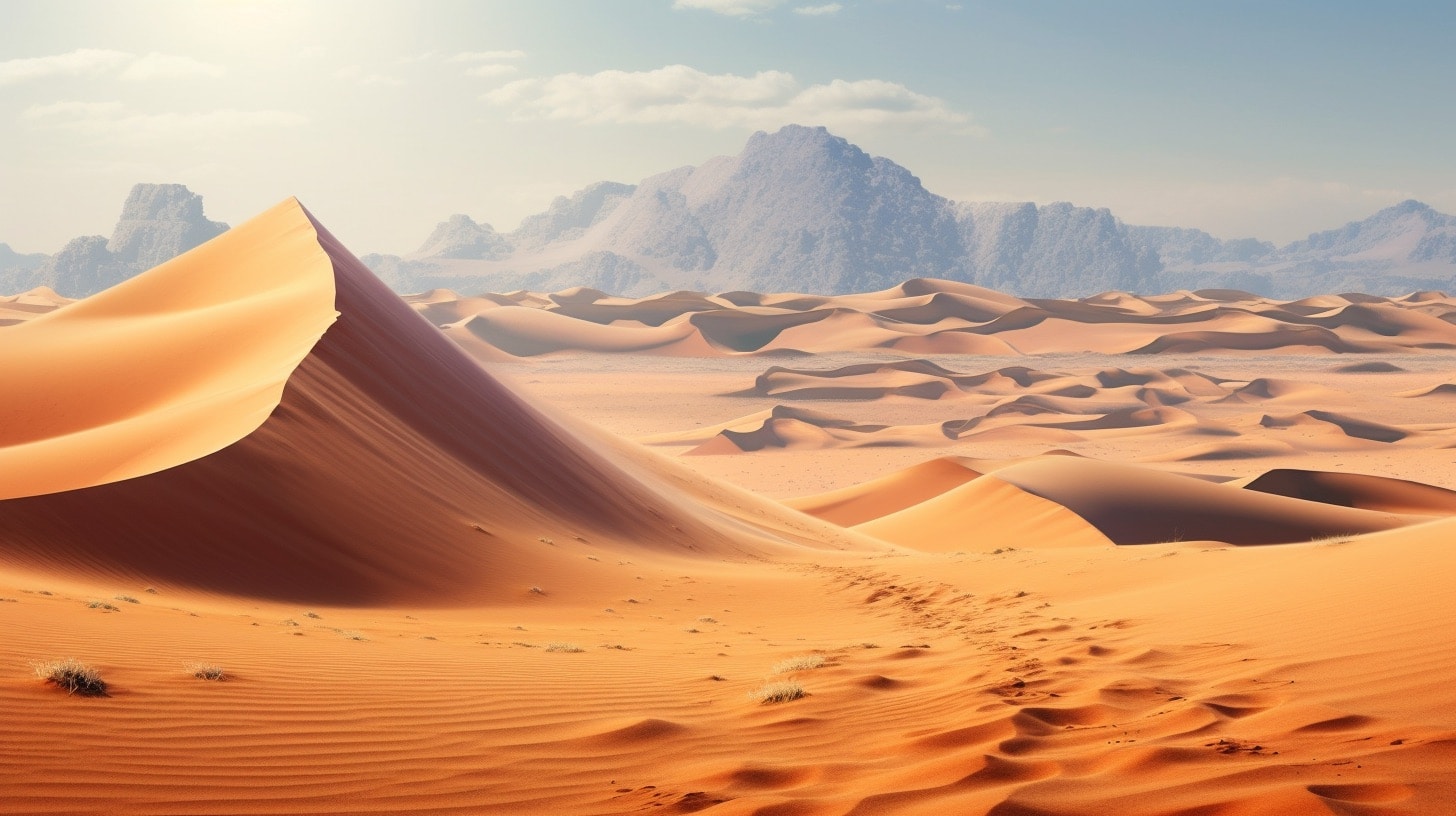 Illustration of Namibian sand dunes with mountains in background