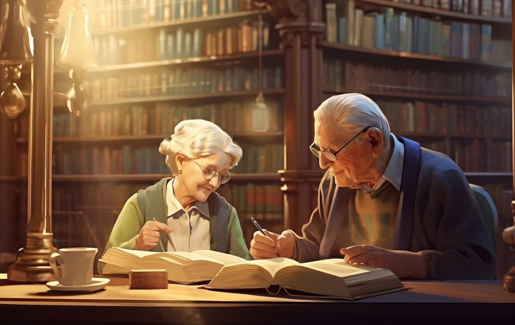 Elderly couple studying a language in a library