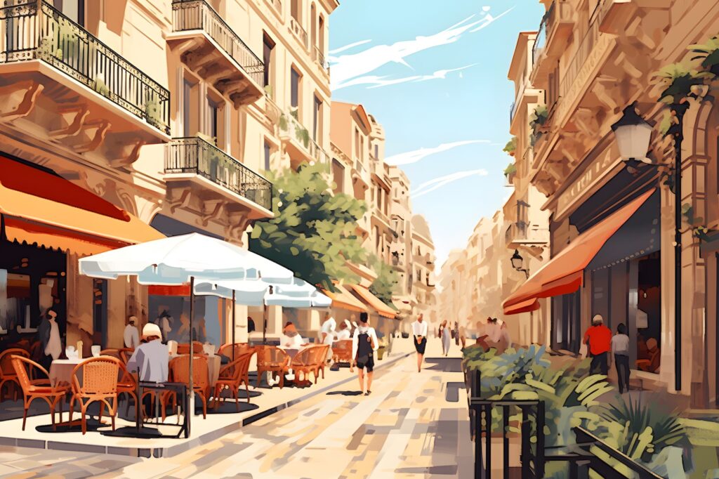 Street scene in Barcelona illustration, for article about Spanish vs Catalan