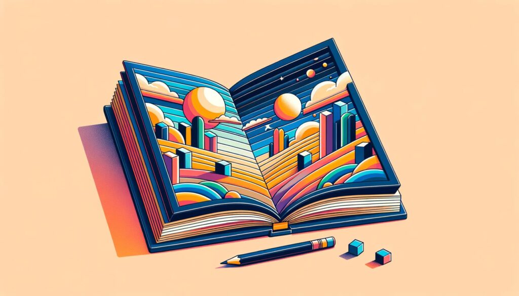 New Swahili Grammar Guide 1 A sophisticated illustration of a minimalist landscape featuring a wide-open book with vibrant, block-colored pages, showcasing an abstract representation of rules without any text. The scene is characterized by bold colors and sharp lines, designed for a high-end publication.