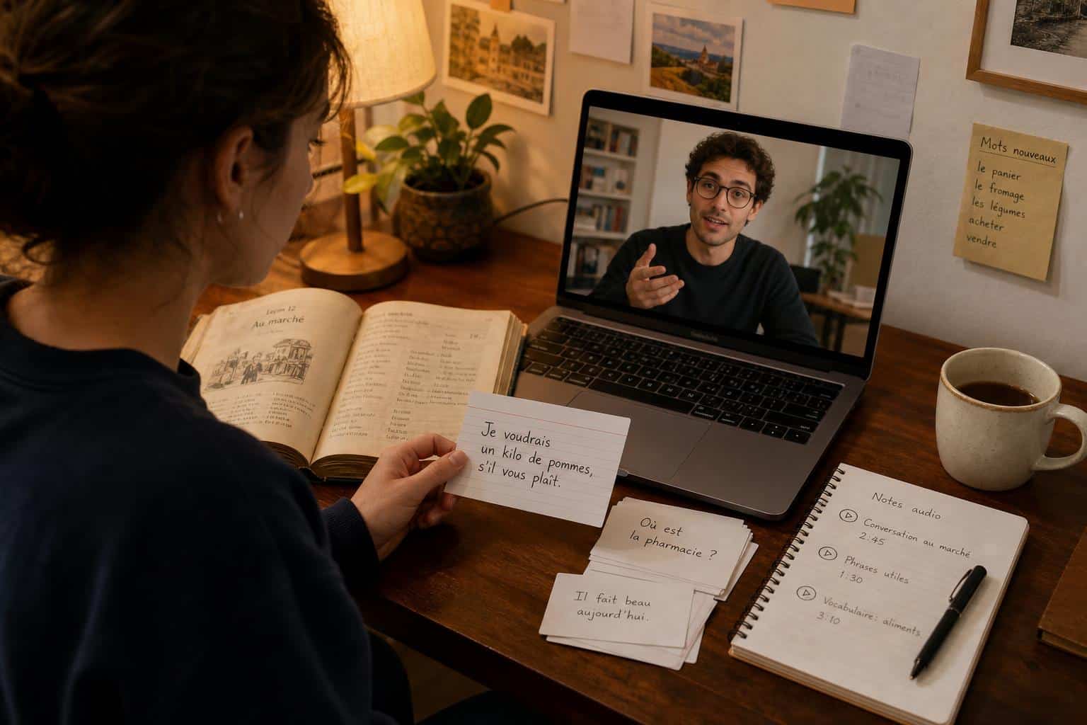 Best Less-Common Language Learning Resources: What Actually Works 1 Language learner using a textbook, tutor call, and sentence cards for a less-common language