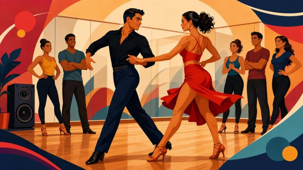 Should You Learn On1 or On2 Salsa? A Beginner’s Practical Guide 1 Beginner salsa dancers practicing partner timing in a studio