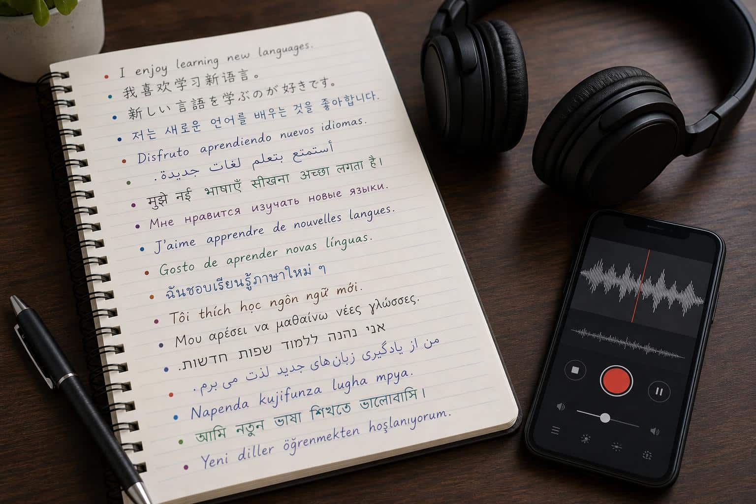 Best Less-Common Language Learning Resources: What Actually Works 2 Notebook of example sentences with headphones for audio-first language study