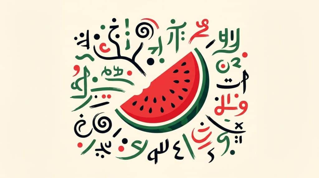 Watermelons — Etymological Groupings 2 A minimalist flat-lay illustration of a sliced watermelon on a cream background, surrounded by floating multilingual word fragments and script-like symbols arranged like an etymology map, with vivid red and green fruit, crisp lines, and a clean modern editorial style.