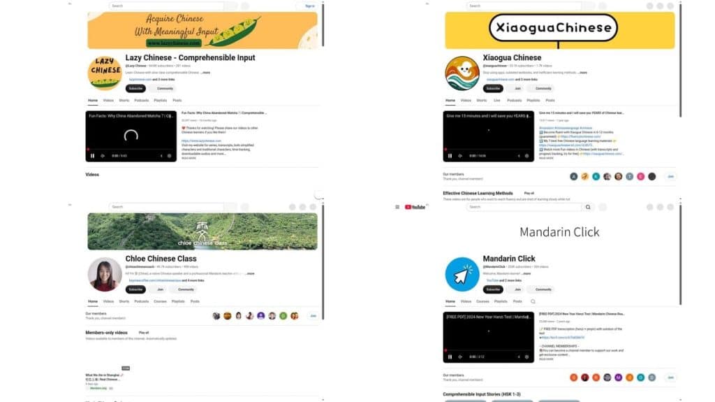 My Favourite YouTube Channels for Comprehensible Mandarin Chinese 1 Screenshots of recommended YouTube channels for comprehensible Mandarin Chinese