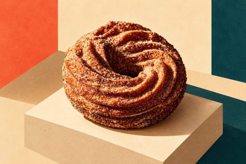 Everything I Didn’t Know About Crullers 1 Magazine-style artwork of Moon’s cinnamon-sugar cruller on a cream pedestal with coral and teal panels