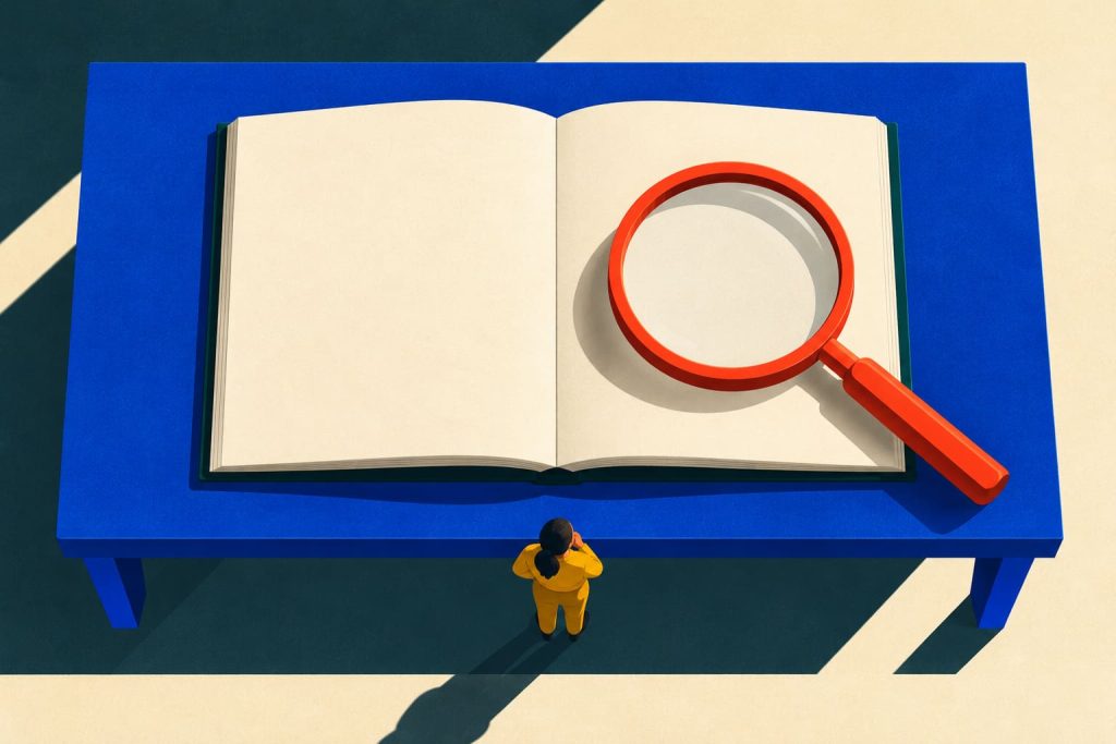 A Dummies’ Guide to Figuring Out Where the %#*£ a Spanish Speaker Is From 1 Geometric illustration of a small language detective examining a blank notebook with a magnifying glass
