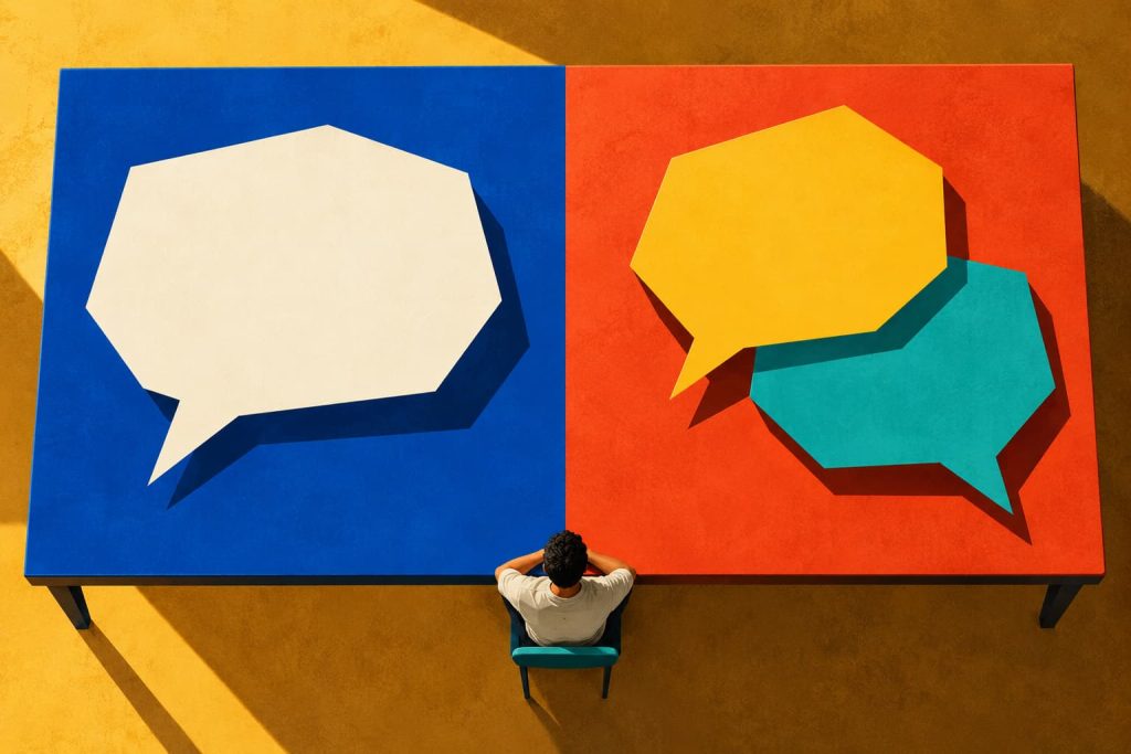 Vos vs Vosotros and Vosotras: Argentina and Spain Compared 2 Geometric illustration of a learner comparing a single speech bubble with a pair of speech bubbles
